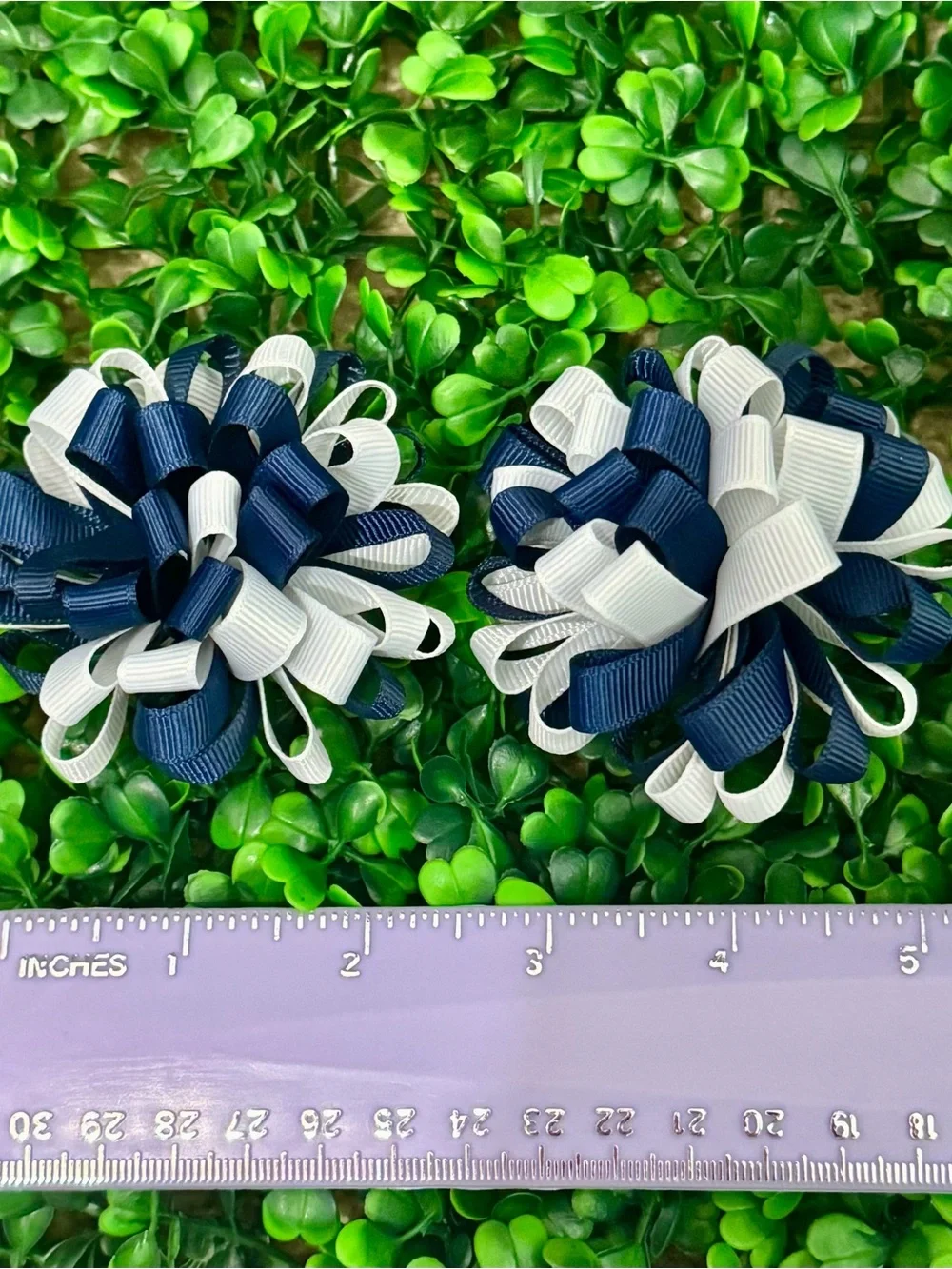 Navy and White School Hair Bows - Pom Pom Puffs Hair Clips for Girls